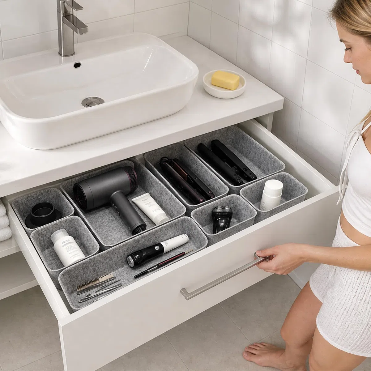Captainfive 8 Stück Schubladen Organizer, Stapelbare Filz-Aufbewahrungsboxen, Schubladen Ordnungssystem für Schreibtisch, Schminktisch, Nachttisch, Schrank, Passend für IKEA (Hellgrau)