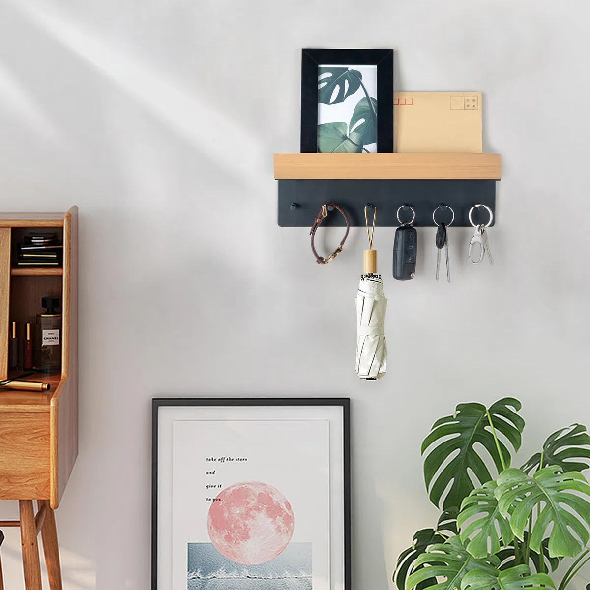 ANVODE Schlüsselbrett Holz mit Ablage, Schlüsselhalter Schlüsselregal mit 6 Haken, Wand Schlüsselboard für Eingangsbereich, Flur, Küche