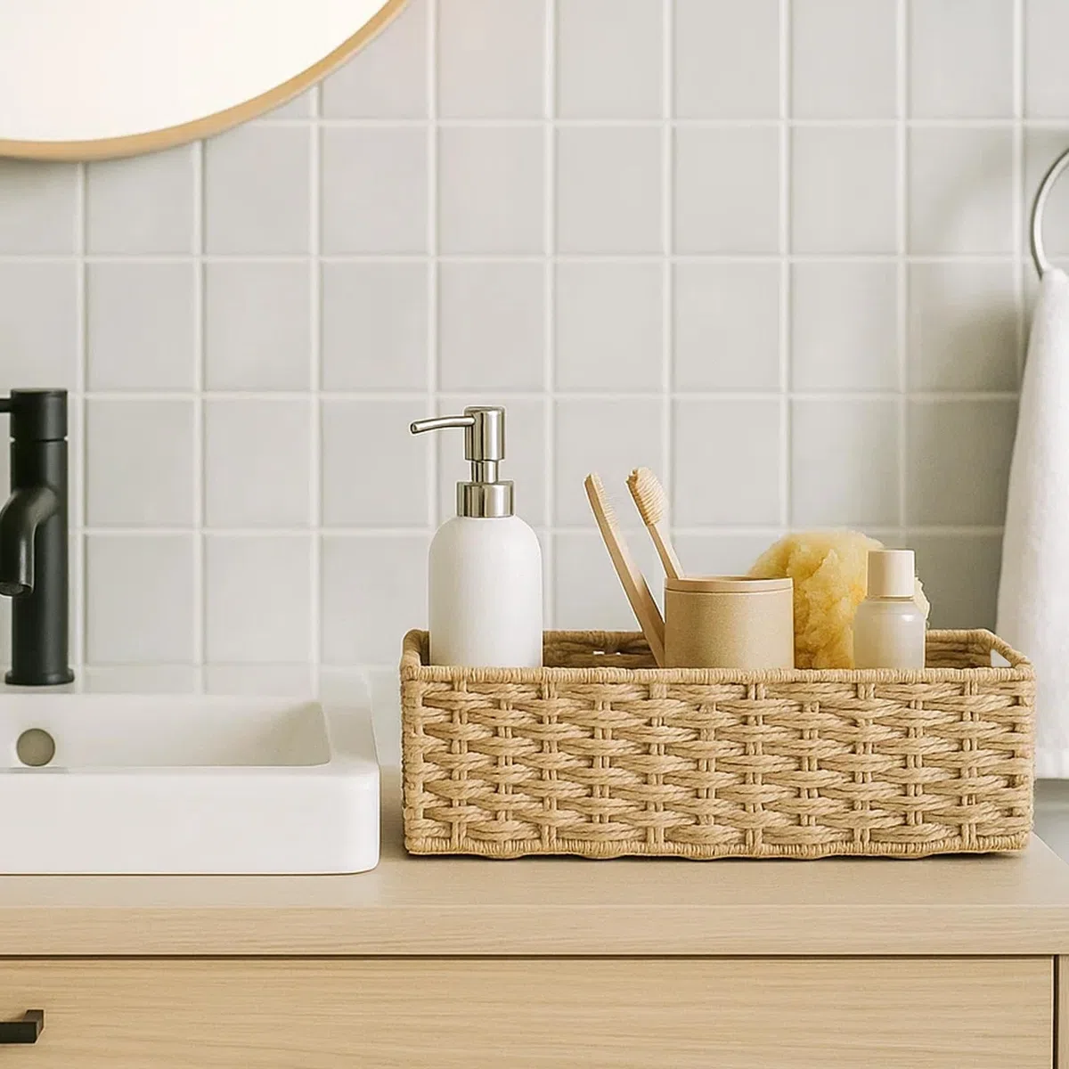 Geflochtene Körbe für Badezimmer – Wäschekörbe mit Stoffeinsatz, Natur-Seegras-Aufbewahrung für Badezimmer, Schlafzimmer & Küche, dekoratives und platzsparendes 2er-Set (2er-Set)