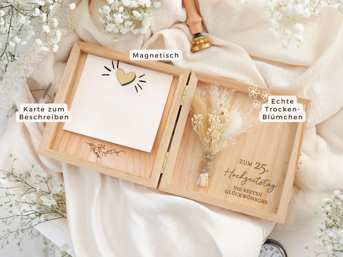 Joli Coon Silberne Hochzeit Geschenk - Zum 25. Hochzeitstag die besten Glückwünsche - Hochwertige Geschenk silberne Hochzeit Holzbox 14 x 14 x 3 cm