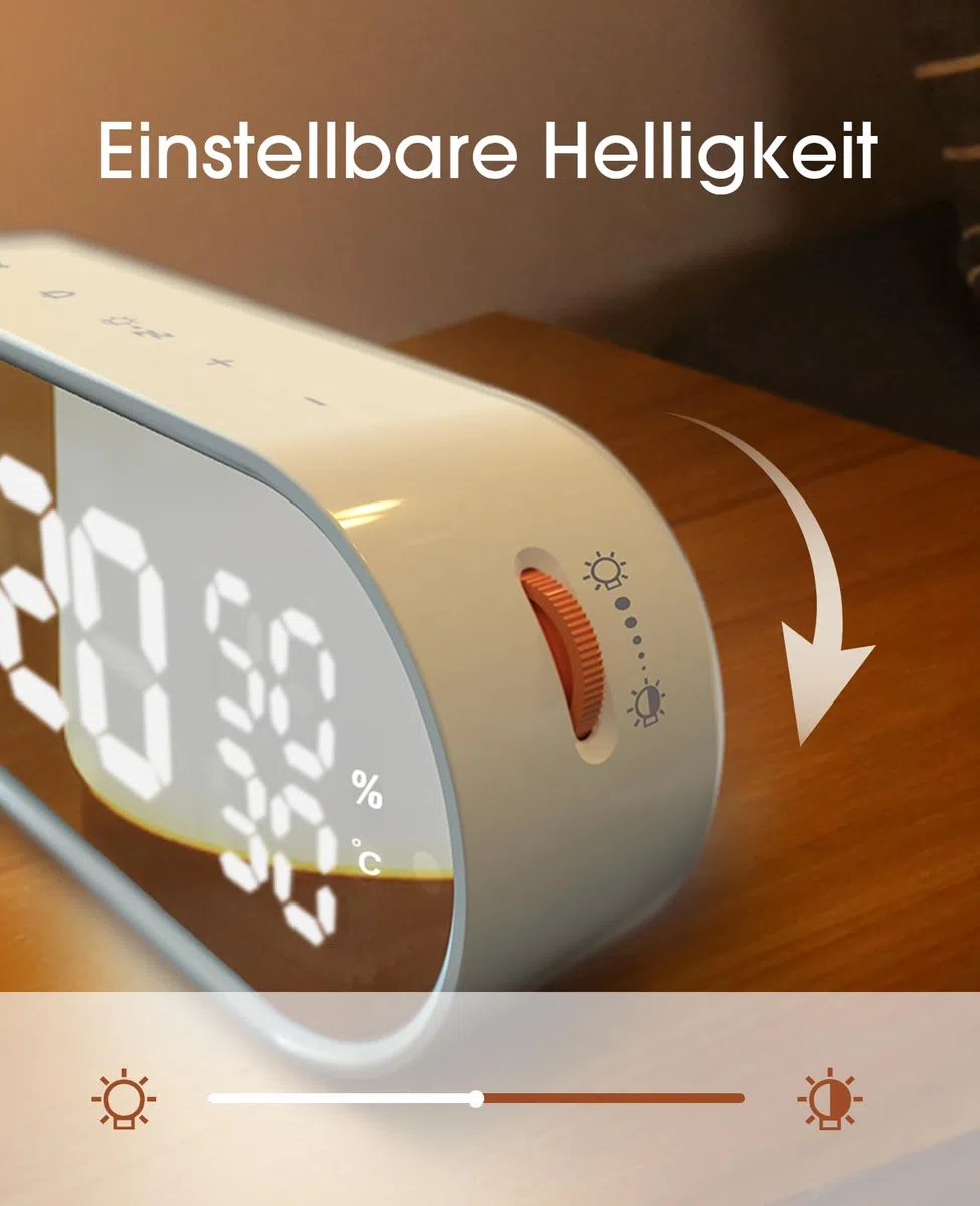 Digitaler Wecker mit LED Display, Touch Tasten, USB-Stromversorgung, Doppelalarm, Temperatur/Feuchtigkeitsanzeige, Helligkeitsregelung, Batteriebetrieben, Nachtlicht, Umweltdaten Beige