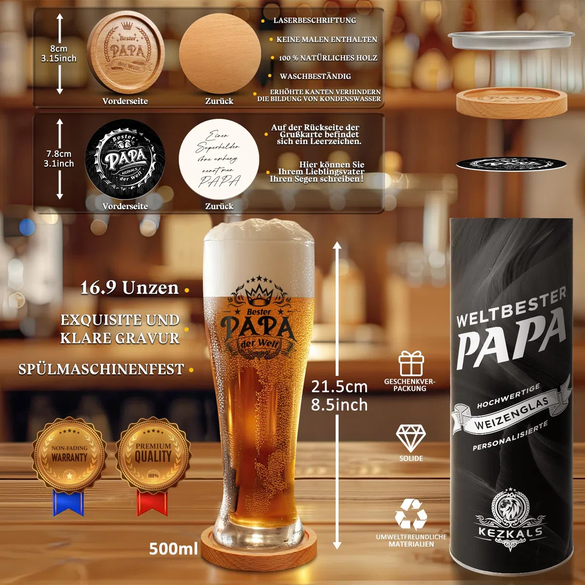 KEZKALS Papa Geschenk, Bierglas mit Gravur, Vatertagsgeschenk Geburtstag Vatertag Beste Geschenk Weihnachtsgeschenke für Papa