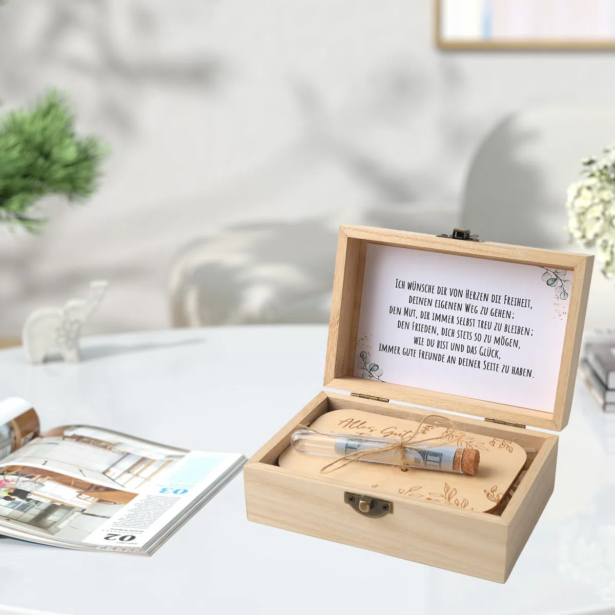 5-teiliges Firmung Geschenke, mit Glückwunschkarte, Reagenzglas, Raffia, Holzkarte, Verpackung für Geldgeschenke (14,5 x 10,5 x 6,5 cm) für Firmung Deko