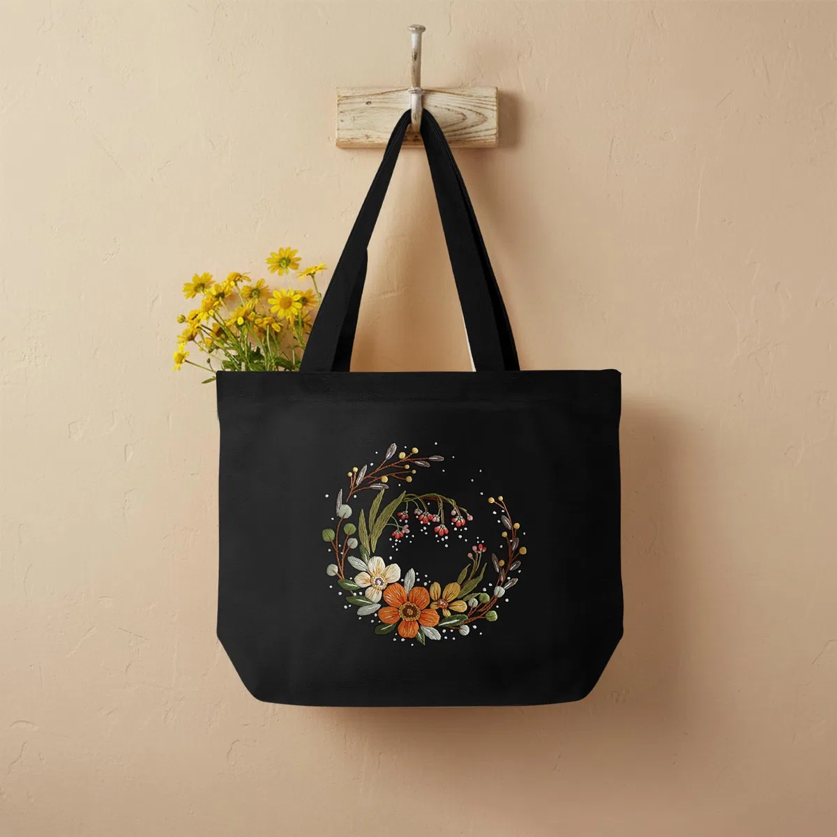 ERKOON Canvas Tote Bag,Mit Blumenmuster Canvas Tasche Stickerei Set, DIY Stickset für Anfänger Erwachsene mit Sticken Taschen, Stickrahmen, Farbfäden, Anleitungen& Werkzeug, Für Alltag, Einkaufen