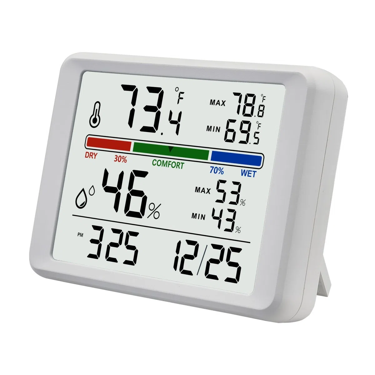 Digitales Thermometer-Hygrometer, Innenwandthermometer mit Hintergrundbeleuchtung, Digitaler Wecker, Datumsanzeige, Luftkomfortanzeige, Max-/Min-Speicher, Tischthermometer für zu Hause, Weiß