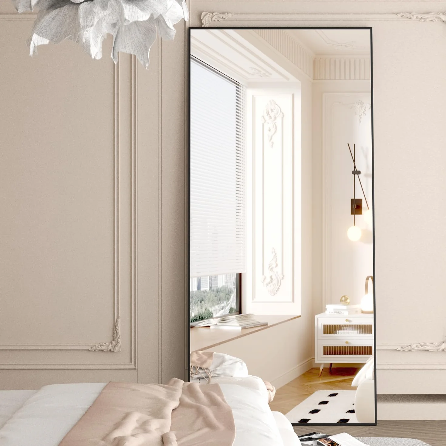 Ganzkörperspiegel 165 x 60 cm Bodenspiegel, großer schwarzer Spiegel, Rechteckiger Spiegel für Schlafzimmer, Wohnzimmer, zum Aufhängen oder Anlehnen an die Wand, Rahmen aus