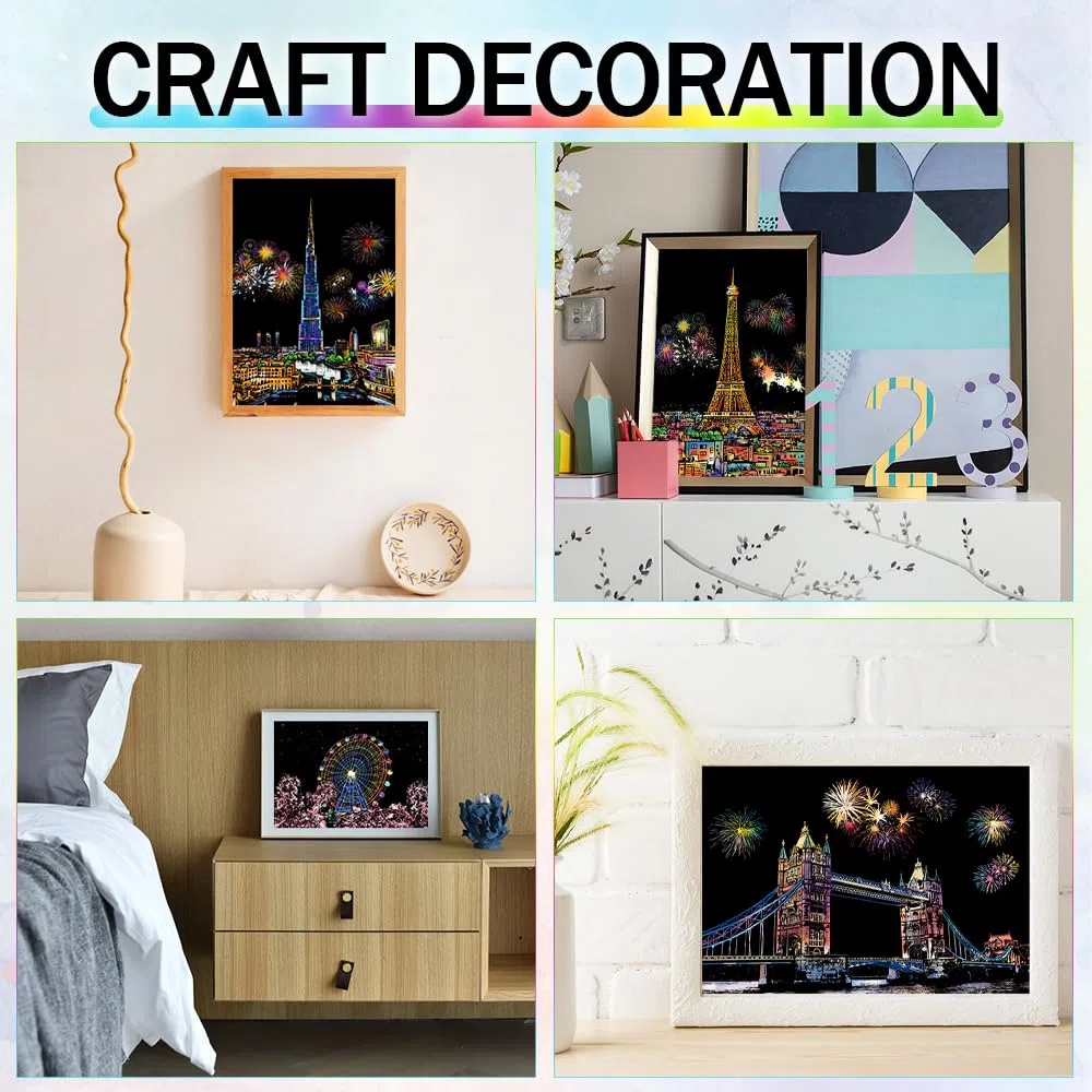 12Stück Magic Rainbow Kratzpapier A4 Kratzbilder Erwachsene Sehenswürdigkeiten Wandbild mit Kratzwerkzeuge Kit City Series Night Scene Regenbogen-Kratzkunst für Erwachsene Kinder DIY-Handwerk