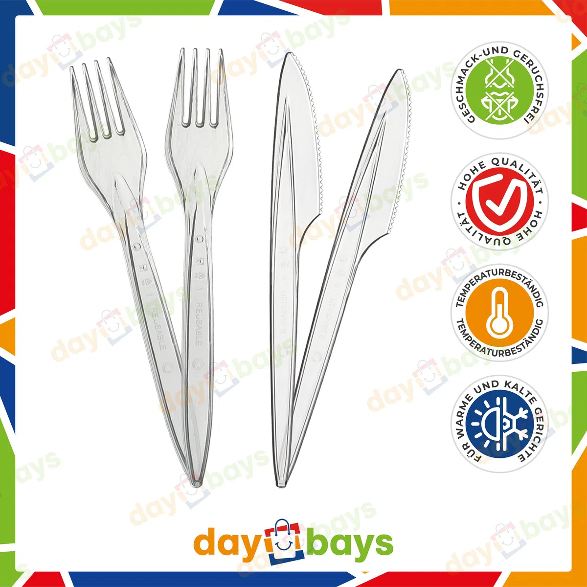 Plastikbesteck Set 100x Plastikgabel 100x Plastikmesser Mehrweg Geschirrset Partybesteck Plastikgeschirr Mehrwegbesteck Spülmaschinenbeständig (Transparent, 100Gabel+100Messer)