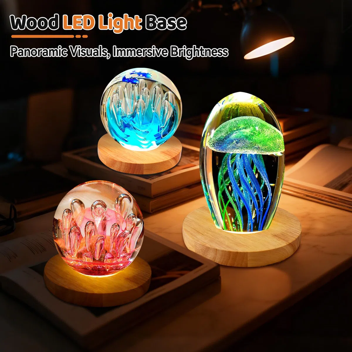 LED-Display-Ständer aus Holz, 15 cm, rund, mit 3 Leuchtmodi, USB-Kristall-Display-Basis, Holzsockel für Kristallglas, Harz, Kunst, Schmuck, Acryl (Holz), 2 Stück