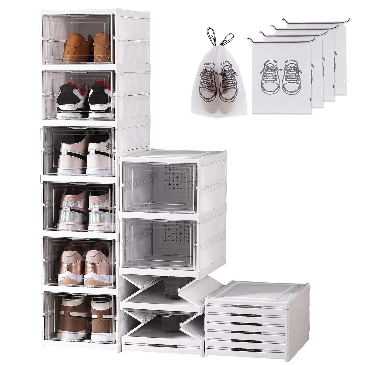 Schuhboxen Transparent Faltbar Shoe Box Schuhkarton Sneaker Regal Schuh Aufbewahrung Organisierer Ordnungssystem Schuhorganizer boxen mit Tür für Schuhe bis Größe 46