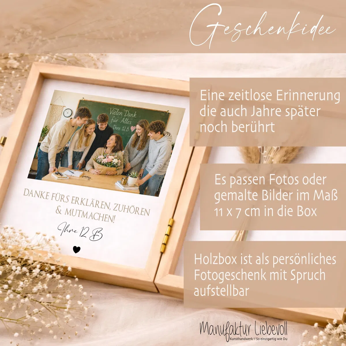 Personalisierte Geschenkbox Holz „Weltbeste Lehrerin“ mit Namen – Abschiedsgeschenk Schule & Fotogeschenk mit Spruch & Blume – Danke Geschenk Lehrerin (Glück ist, eine Lehrerin wie Sie zu haben!)
