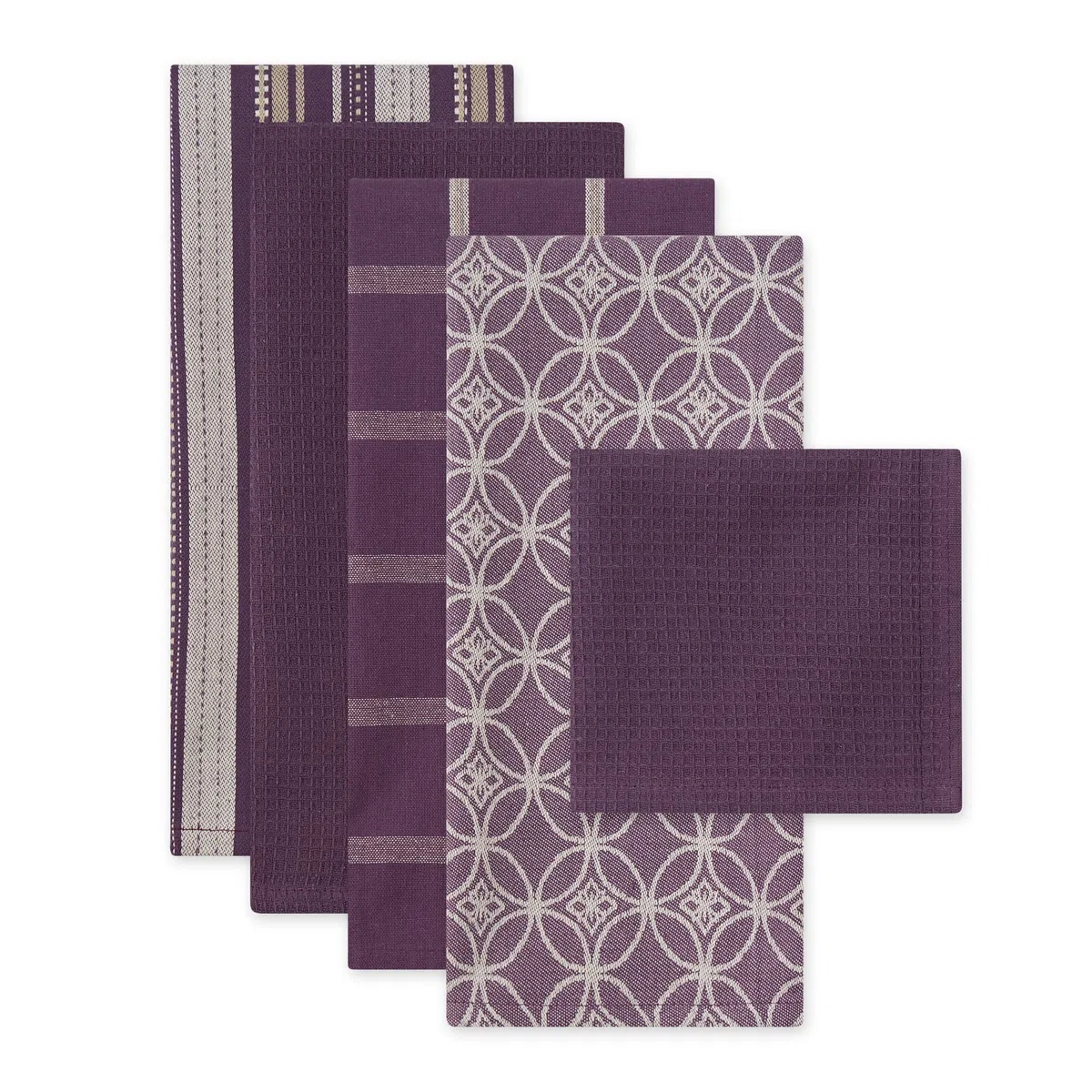 DII Geschirrtuch-Set, gewebt, ca. 45 x 70 cm, Geschirrtuch (33 x 33 cm), Aubergine, 5-teilig