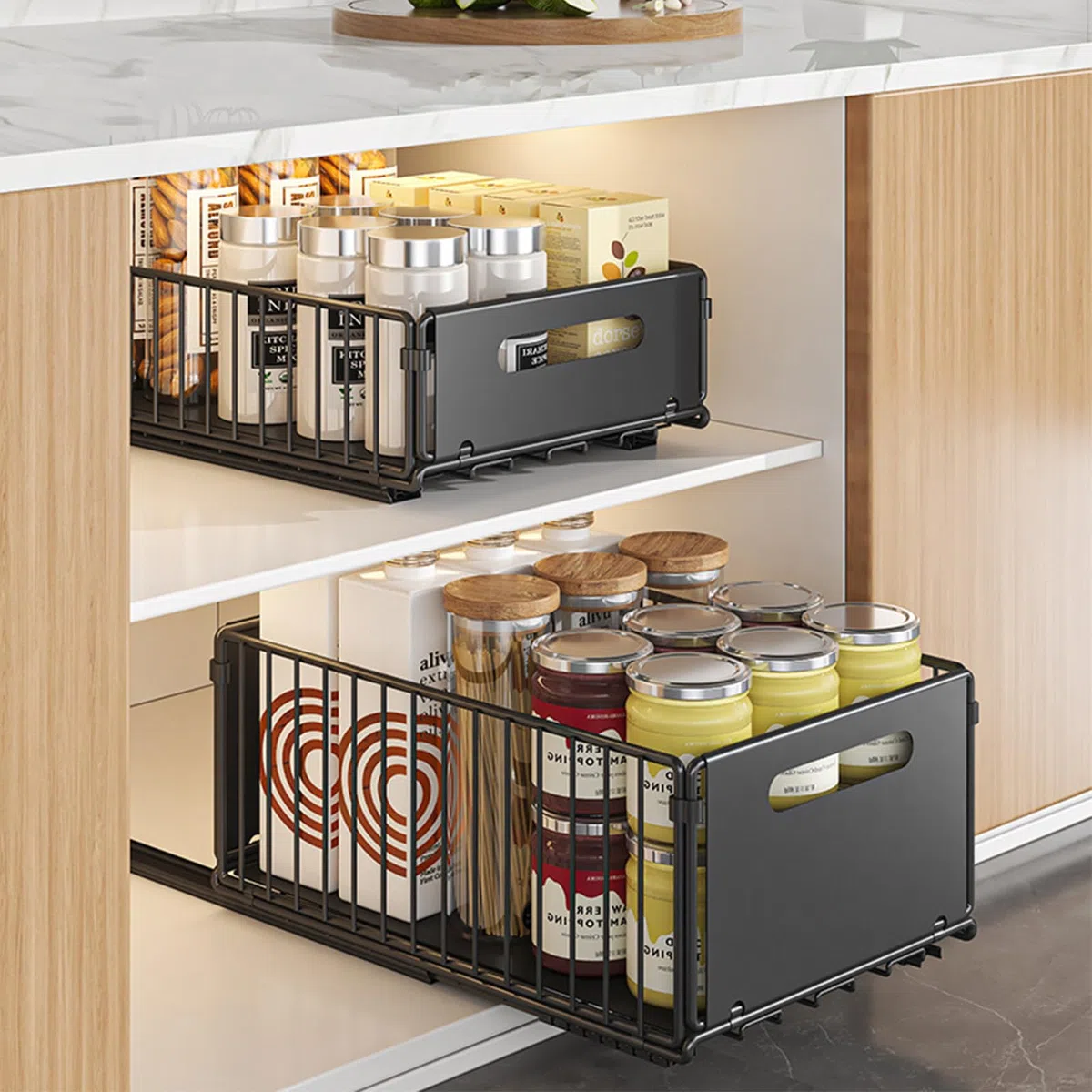 4Pack Faltbarer Ausziehbarer Schrank-Organizer, Ausziehbare Schubladen-Regalaufbewahrung, Küchenschrank Innenschublade Organizer Ausziehbar für Speisekammer und Badezimmer (2 Large + 2 Small)