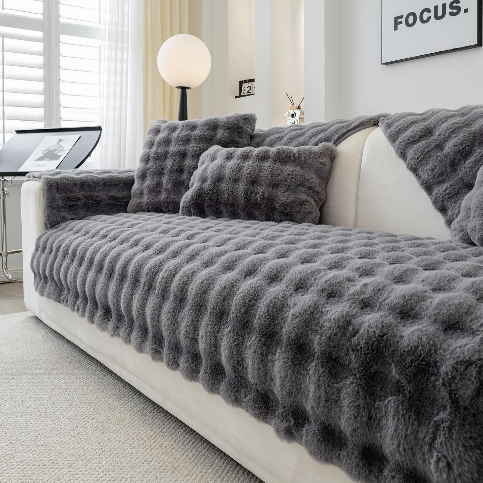 Weiche Plüsch Sofabezug Waschbar - Neue Rutschfeste Sofa überzug 1 2 3 4 Sitzer Couch überzug für Sektionssofa, Flauschiger Kunstpelz Sofa Sitzkissenbezug L Form Möbelschutz (Dunkelgrau, 70x70cm)