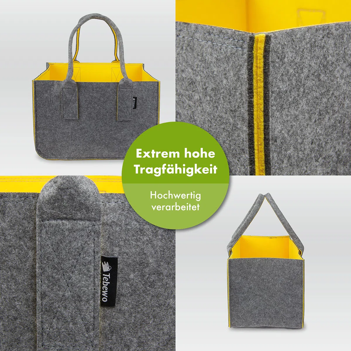 Filztasche - praktische Einkaufstasche - modische Shopping Bag - Einkaufskorb aus Filz - faltbare Tragetasche - grau/gelb