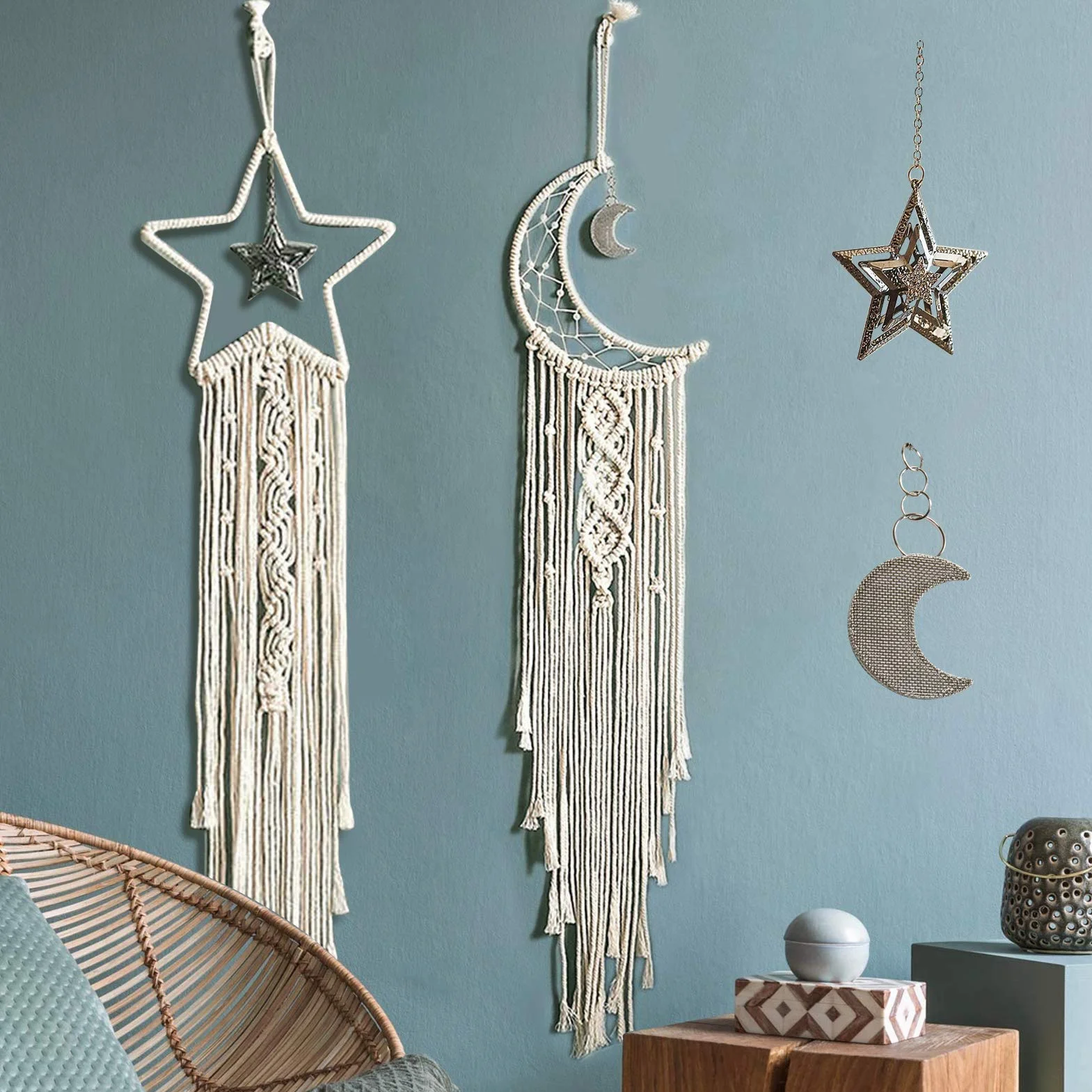 Tarklanda 2 Stück Makramee Traumfänger Makramee Wandbehang Mond Stern Traumfänger Mädchen Dreamcatcher Handgemachte Boho Traumfänger Schlafzimmer Dekoration für Home Decor Kinder Geschenke