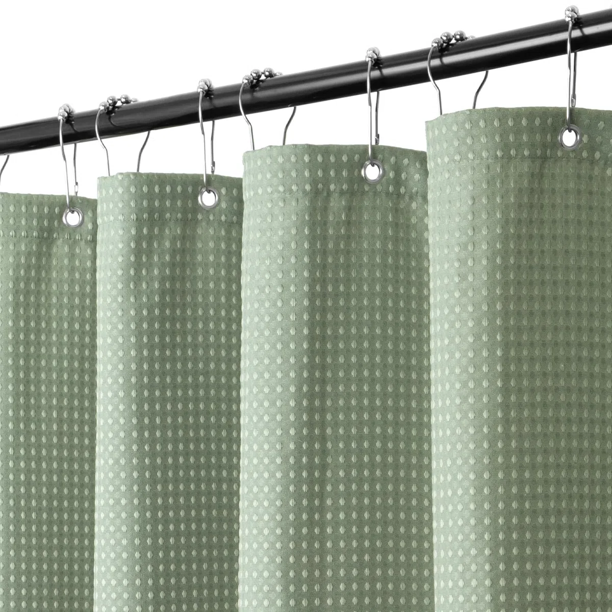 WELTRXE Waffel-Duschvorhang 180 x 200 cm, Anti-Schimmel-Duschvorhang-Set, wasserdichter Stoff-Badewannenvorhang mit 12 Edelstahlhaken, für Dusche und Badewanne, Salbeigrün