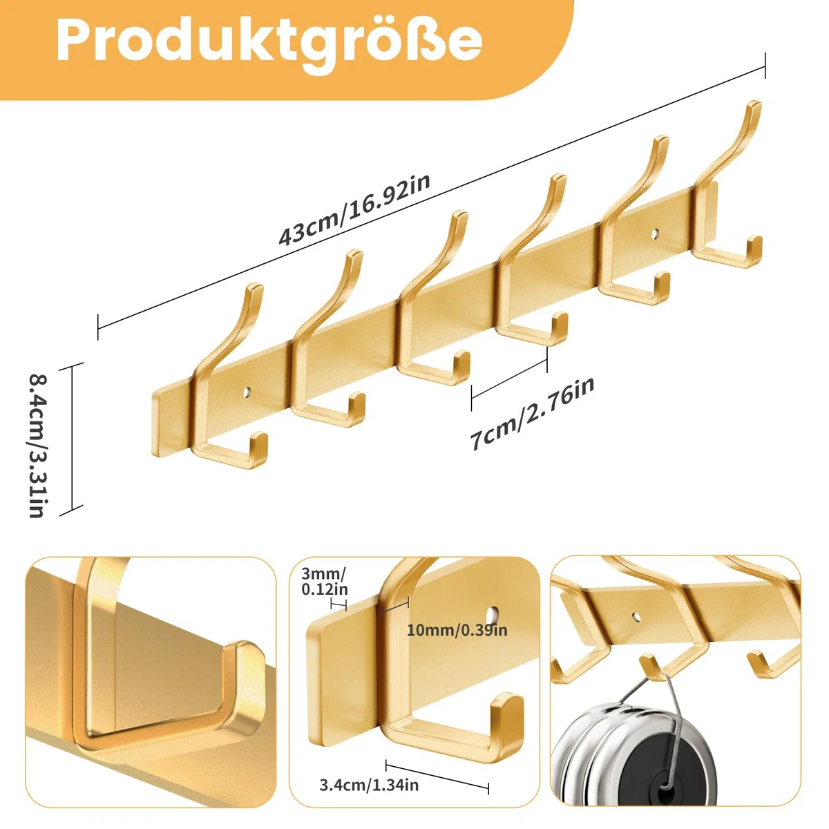 Garderobenhaken Edelstahl Garderobenleiste Gold Hakenleiste Garderobe Kleiderhaken Wand mit 6 Haken Wandhaken garderobe für Schlafzimmer Bad Küche Kleiderständer (Gold)