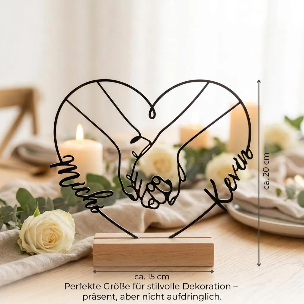 Hochzeitsgeschenk personalisierte Acrylglas Deko mit Namen – Hände Motiv – 15x20 cm – Lasergeschnitten – Schwarz oder Weiß – Holzsockel – Geschenk zur Hochzeit, Jahrestag & Valentinstag (Typ4) AC