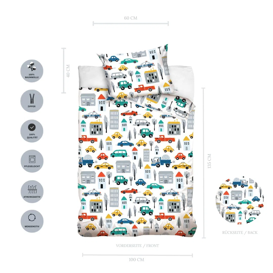MTOnlinehandel Kinderbettwäsche 100x135 aus 100% Baumwolle - Bettwäsche für Kinder, Auto, Car, Bagger, Fahrzeuge, fröhlich bunt für Jungen, Babybettwäsche Polizei & Baustelle