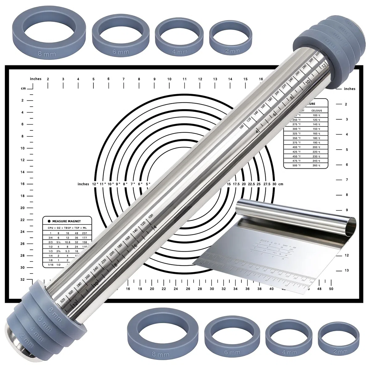 Nudelholz Edelstahl Verstellbar, Teigroller mit Abstandshalter 4 Dickenstufen, Antihaft Rostschutz - 42cm mit Silikon Teigunterlage & Teigspachtel, alle mit Messmarkierung - Für Pizza, Gebäck, Kuchen