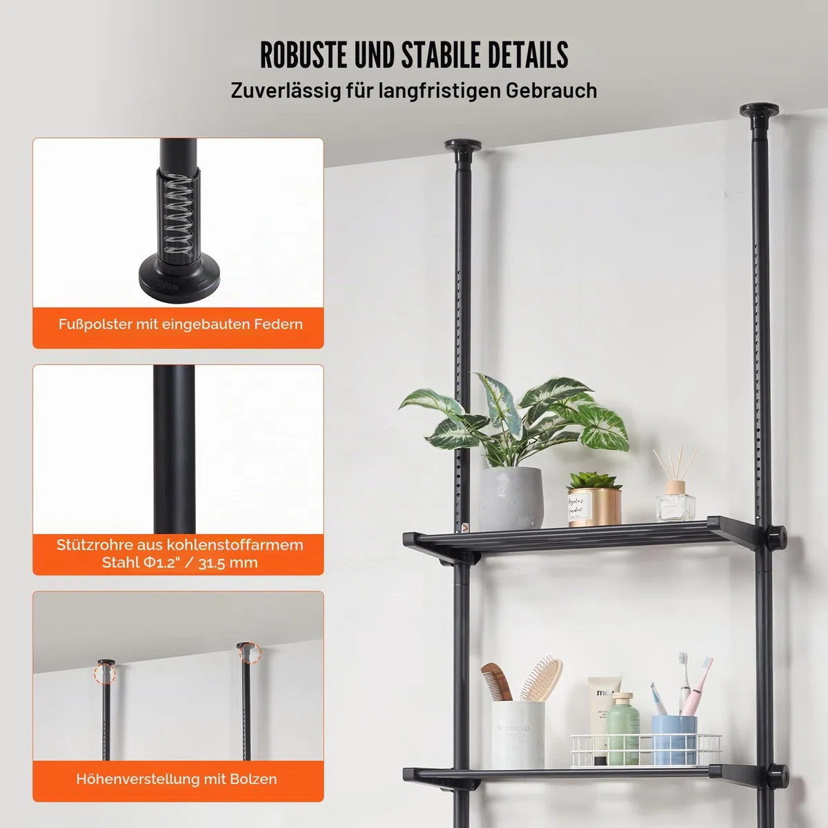 VEVOR Aufbewahrung über der Toilette, 4-stufiger Verstellbarer Badezimmer-Organizer über der Toilette, kohlenstoffarmer Stahl, 135–332 cm hohes Lagerregal, einfach zu montierender Wäscheplatzsparer