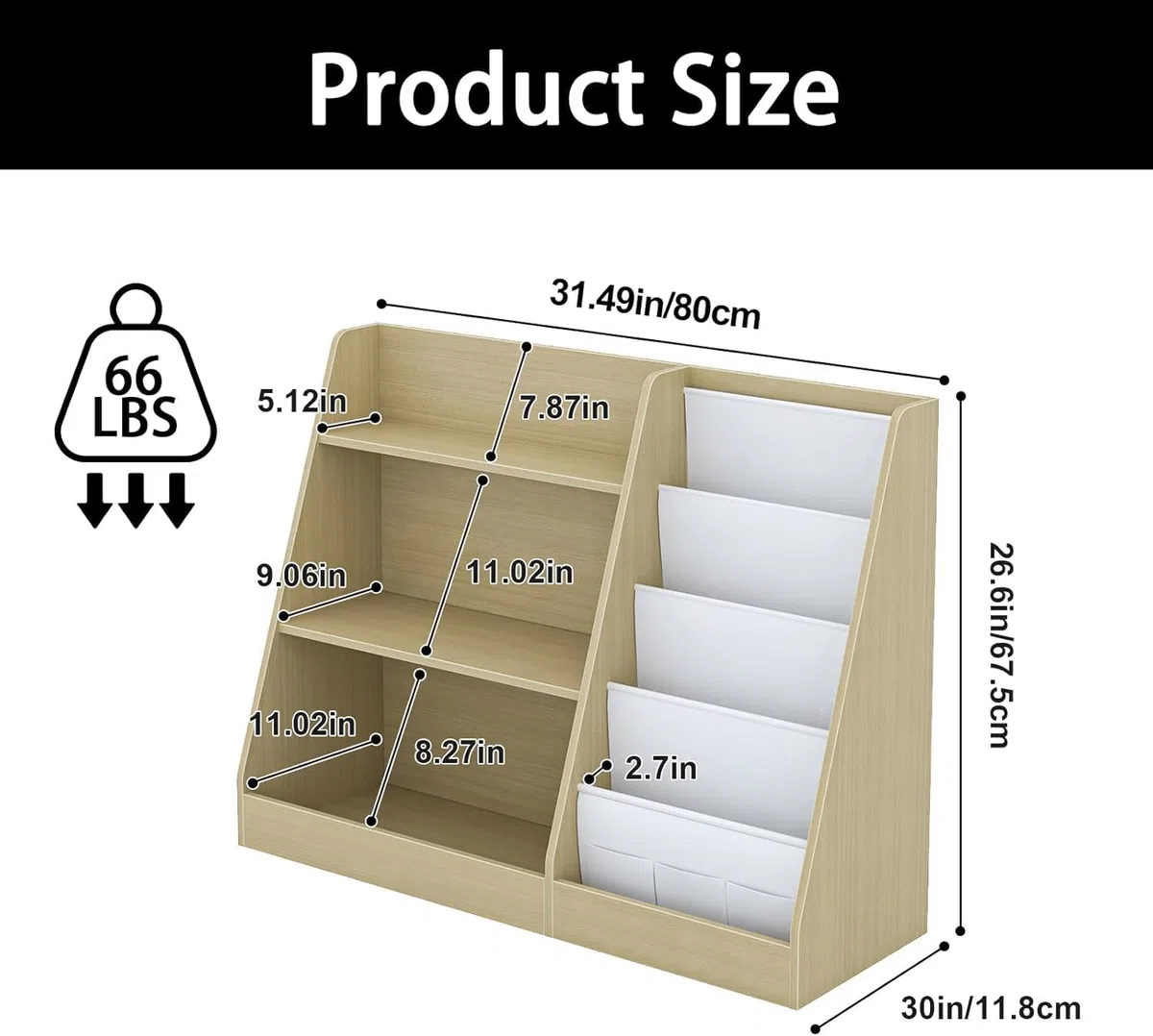 Kinderregal mit 4 Ablage und 3 offenen Fächern, Bücherregal für Kinder, Kinderzimmerregal, Bücherregal Aufbewahrungsregal für Kinder, Spielzeug-Organizer für Spielzimmer, 80 x 30 x 67.5 cm (Eiche)