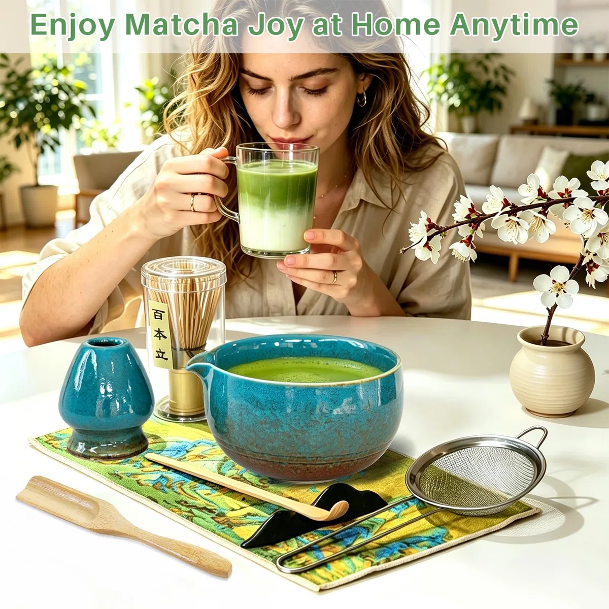 Matcha Set 8-teiliges Premium Tea Set mit Schale mit Ausgießer & Bambus-Chasen (100 Spitzen), Halter, Löffel, Sieb, Tuch – Japanisches Matcha Kit, zeremonielles Starter Set für Matcha-Liebhaber (Blau)