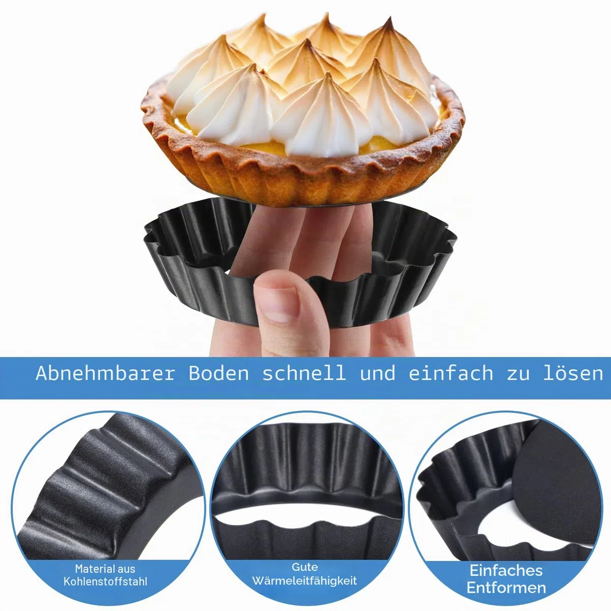 Tarteform mit Hebeboden, 8 Stück Quicheform Klein Tartelette Förmchen Abnehmbare Basis, Antihaftbeschichtung 10 cm Rund Pie Form, Obstkuchenform Tarte Backform Wellenrand
