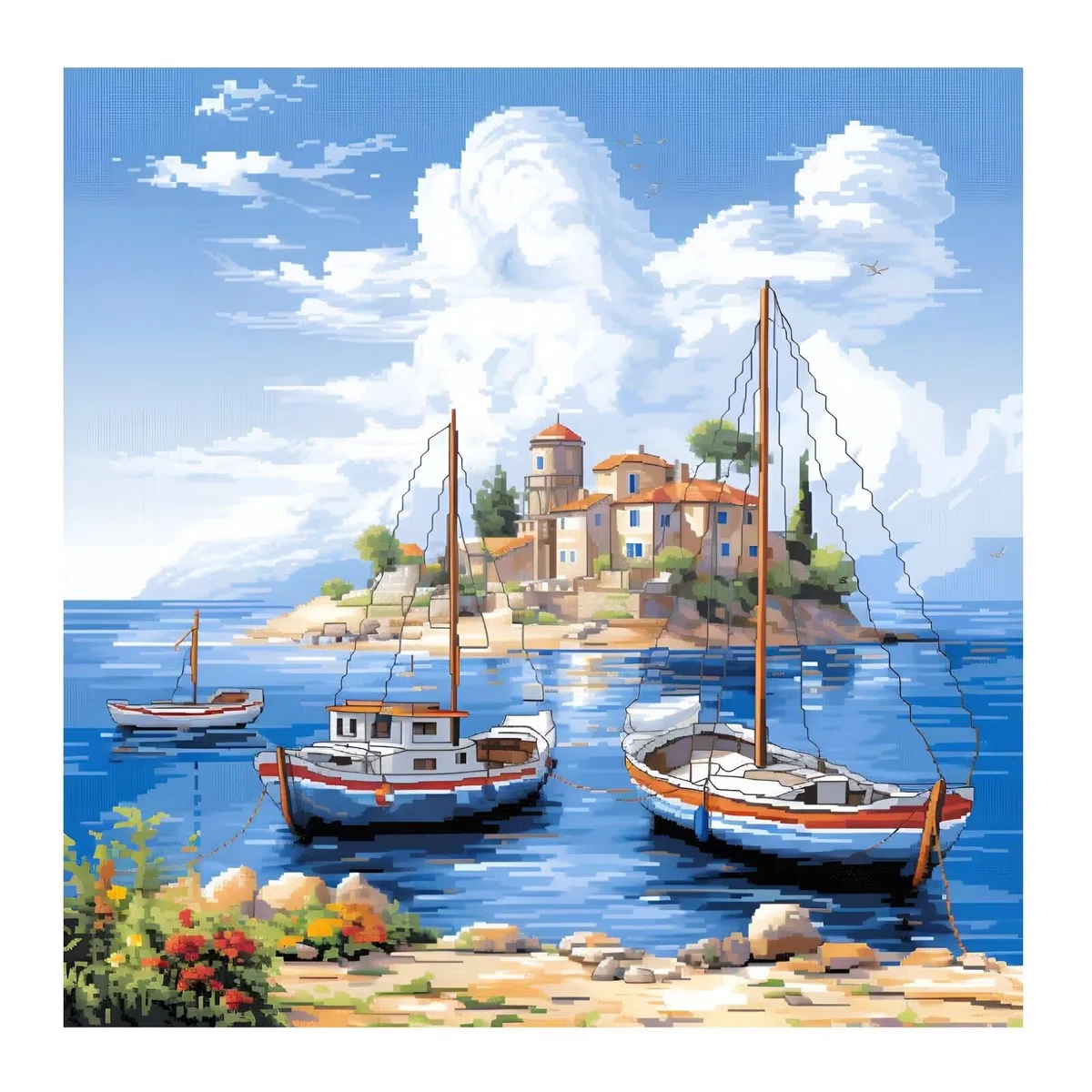 cukol cukol Kreuzstich Set Vorgedruckt Erwachsene, Stickbilder 40x40 cm | Stickpackungen mit 11ct, Kreatives Bastelset Hobby zum Sticken für Frauen, Stickset für Diy Home Deko, Insellandschaft Motiv