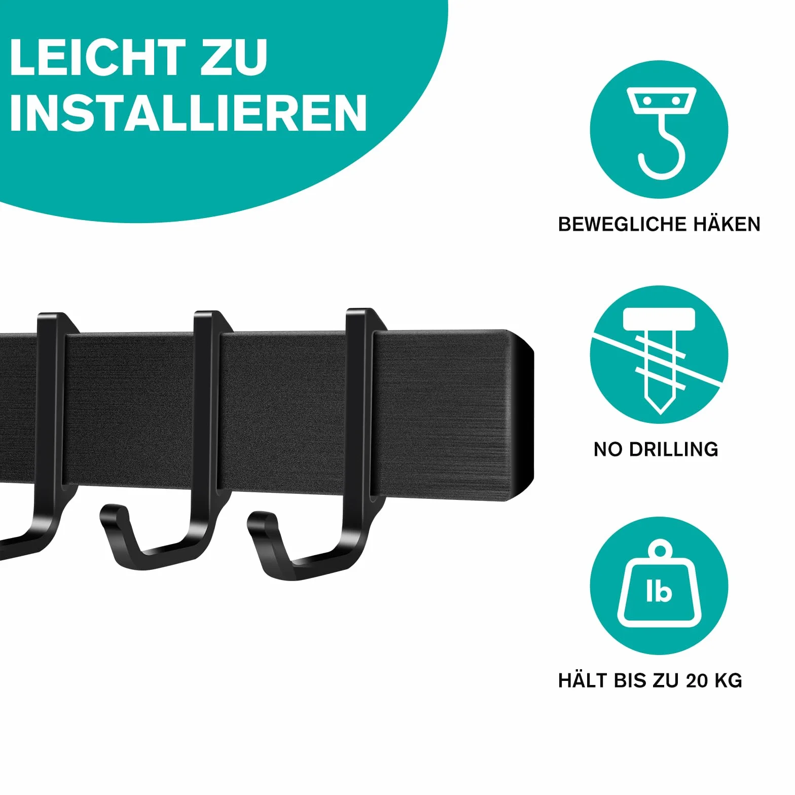 Hakenleiste Küche 40cm, Küchenhalterung ohne Bohren mit 7 abnehmbaren Haken, Aluminium küche Hakenleiste, Matte Oberfläche, Schwarz