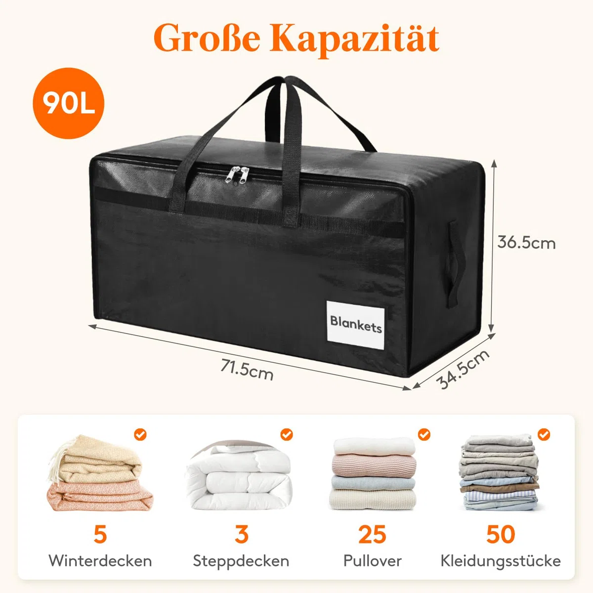 Lifewit 4 Stück 90L Umzugstaschen mit Griff, Aufbewahrungstasche für Bettdecken, Große Tasche mit Reißverschluss, Bettwäsche Aufbewahrung, Tasche Bettzeug, Transporttasche, Kleidertasche, Schwarz