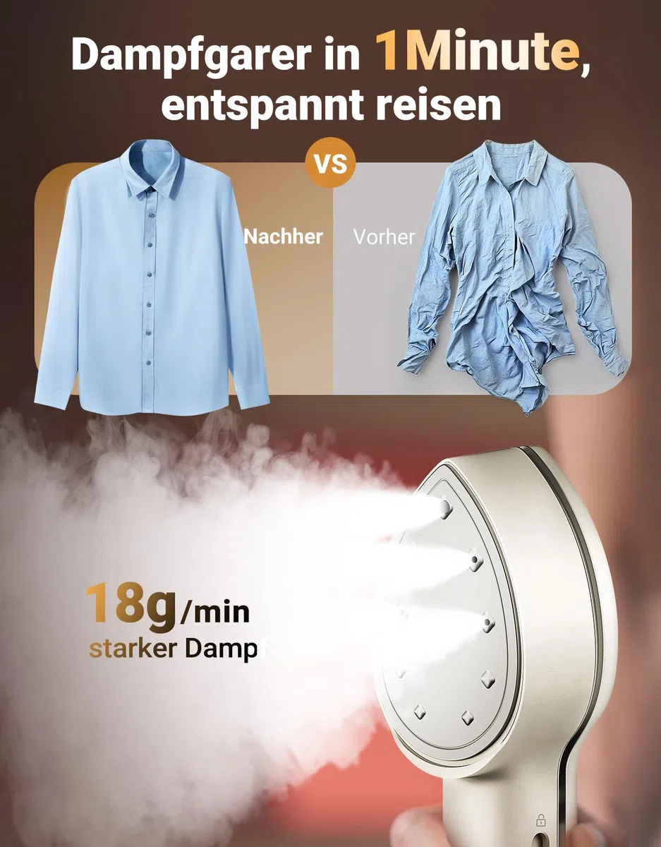 Jack & Rose Dampfglätter Bügelpresse Trockenbügeln 3 in 1, Tragbarer Steamer mit 100-240V Duale Spannung, 15s Schnellaufheizung Steamer Dampfglätter, 1000W Steamer mit 7 Stoffmodi für weltweite Reise