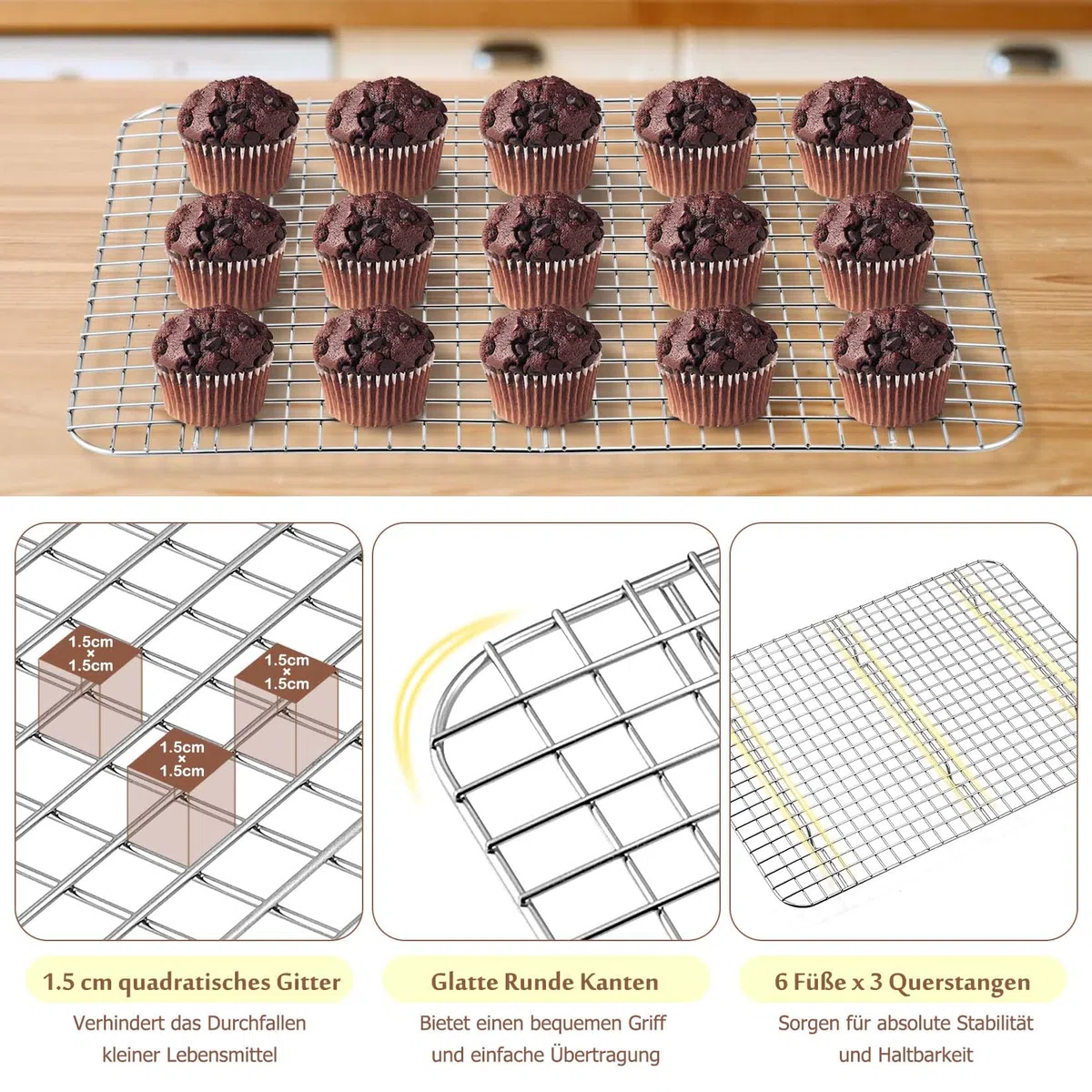 TEAMFAR Abkühlgitter, Rechteckig Edelstahl Kuchengitter Auskühlgitter, 2 Stück Mehrweg Backgitter für Backen Grillen Kühlen, 38,9cm*28,5cm*2cm, Gesund & Langlebig, Spülmaschinenfest