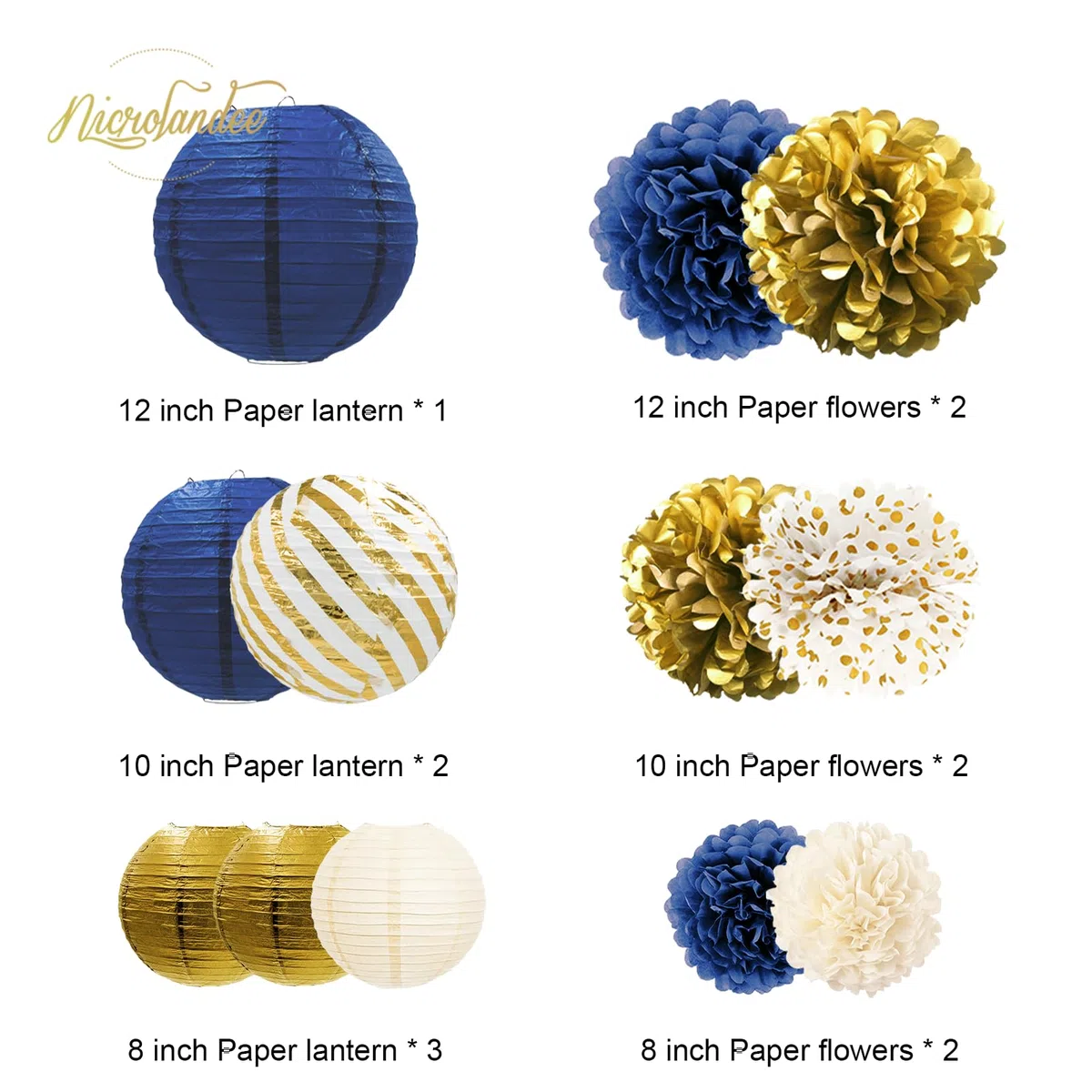 NICROLANDEE Navyblau Gold Dekorationen, 12 Stück Hängende Papierlaternen Seidenpapier Pompons Deko für Abschlussball der Klasse 2026, Neujahr, Babyparty Deko, Geburtstag Deko