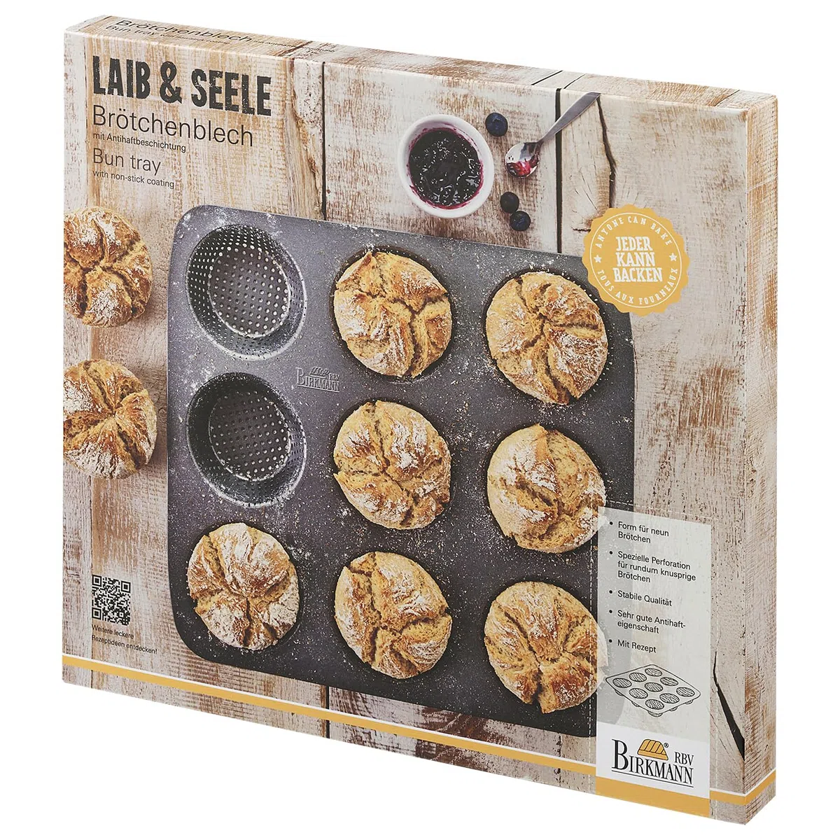 Birkmann Brötchenblech Laib & Seele, perforierte Brotbackform für 9 Brötchen, Burger Buns, Semmeln & Hot Dog Brötchen, Karbonstahl Antihaft Lochblech mit Mulden, Grau | 32x30x3cm, Ø9cm