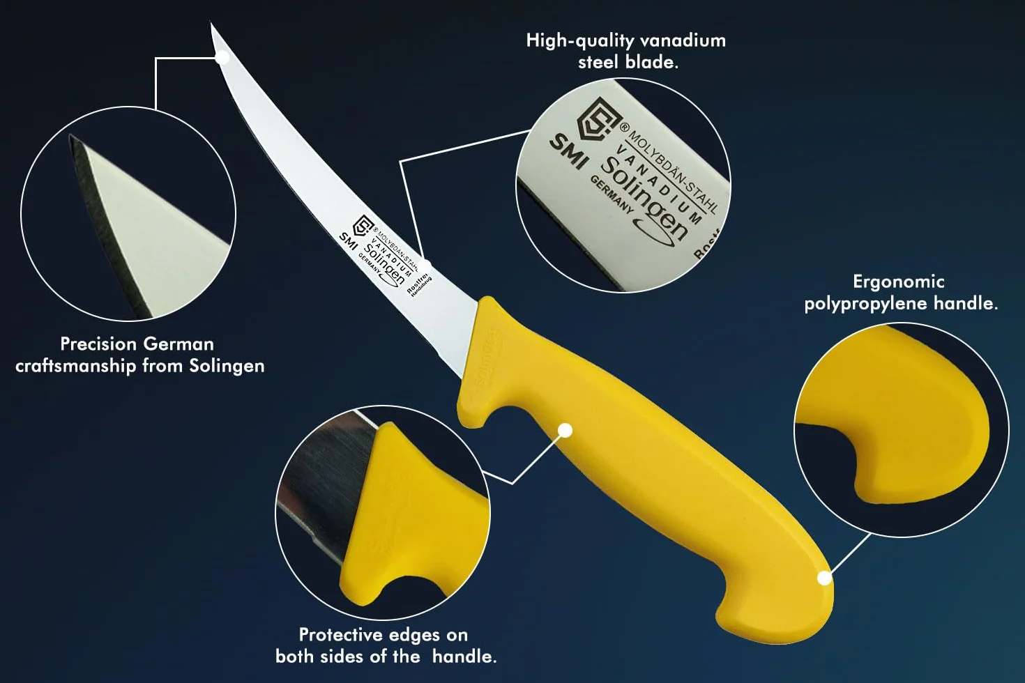 SMI Solingen 6 Zoll Ausbeinmesser profi gebogen flexibles messer Fleischmesser Metzgermesser Premium Qualität Deutscher Molybdän Stahl 1.4116 Made in Germany