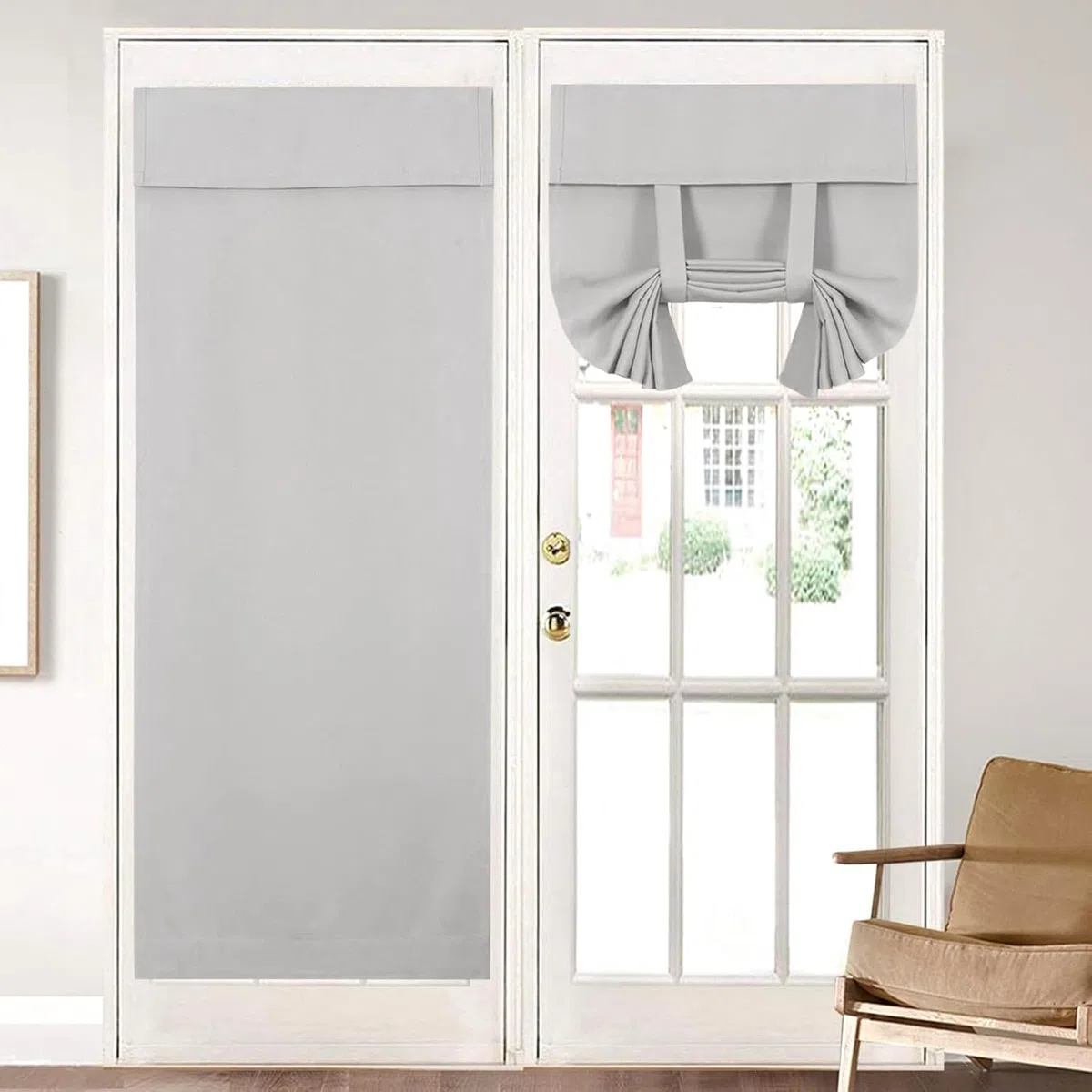 Verdunkelungs Türvorhang 86x173cm, Französische Türvorhänge ohne Bohren zum Kleben mit Haltebändern, Blickdicht für Privatsphäre, Lichtsteuerung ＆Thermische, Hellgrau, 1 Paneel