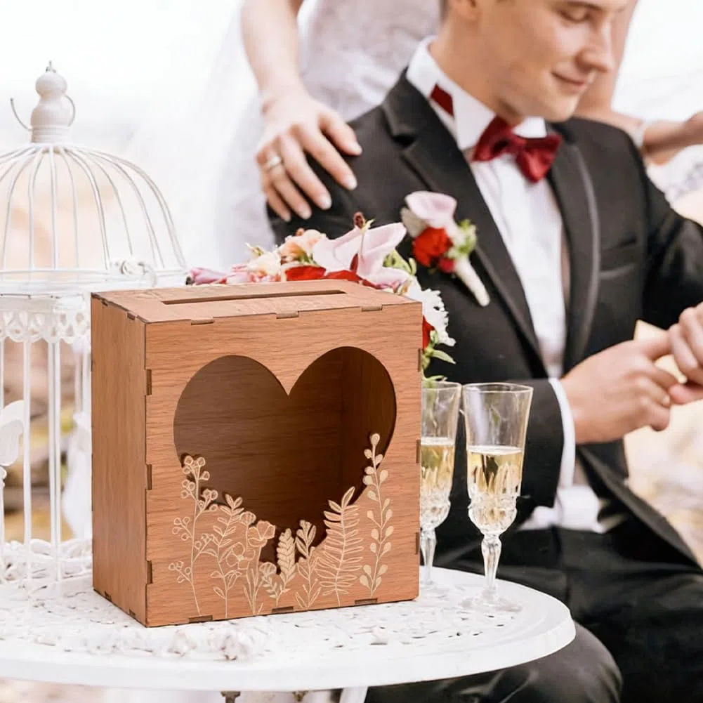 DICOSMETIC Holz Hochzeitskartenbox Hölzerne Kartenboxen Mit Schlitz 9.8x5.9x9.8 Zoll Rustikale Umschlag Geldbox Mit Herzfenster Geschenkkartenboxen Für Geburtstagsempfang Feier Abschlussfeier