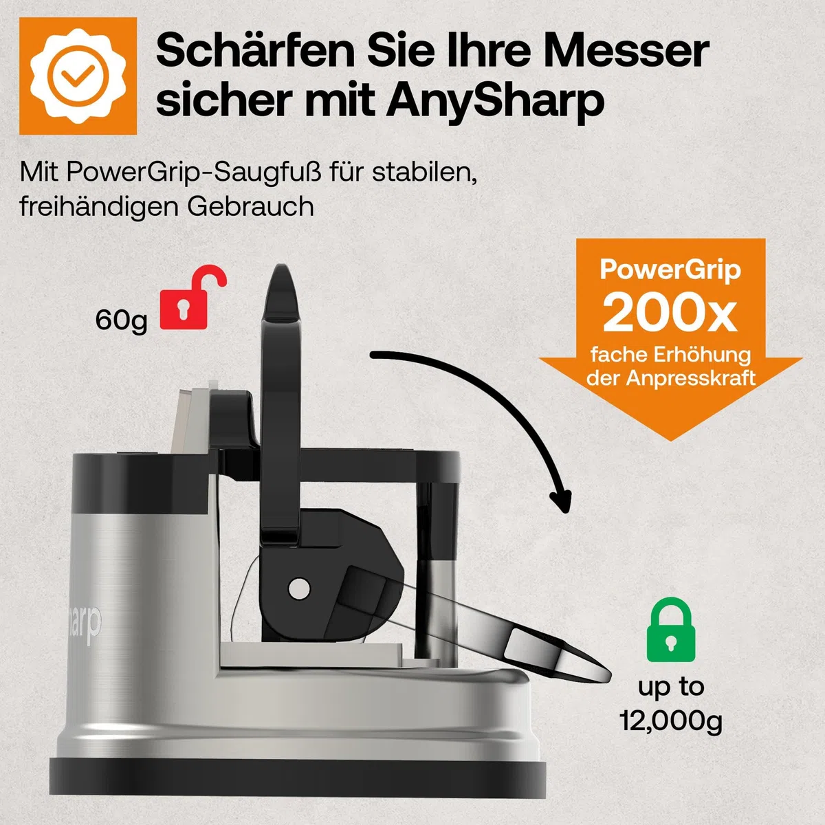 AnySharp Pro Messerschärfer (Metall) mit Saugnapf, Gebürstetes Metall