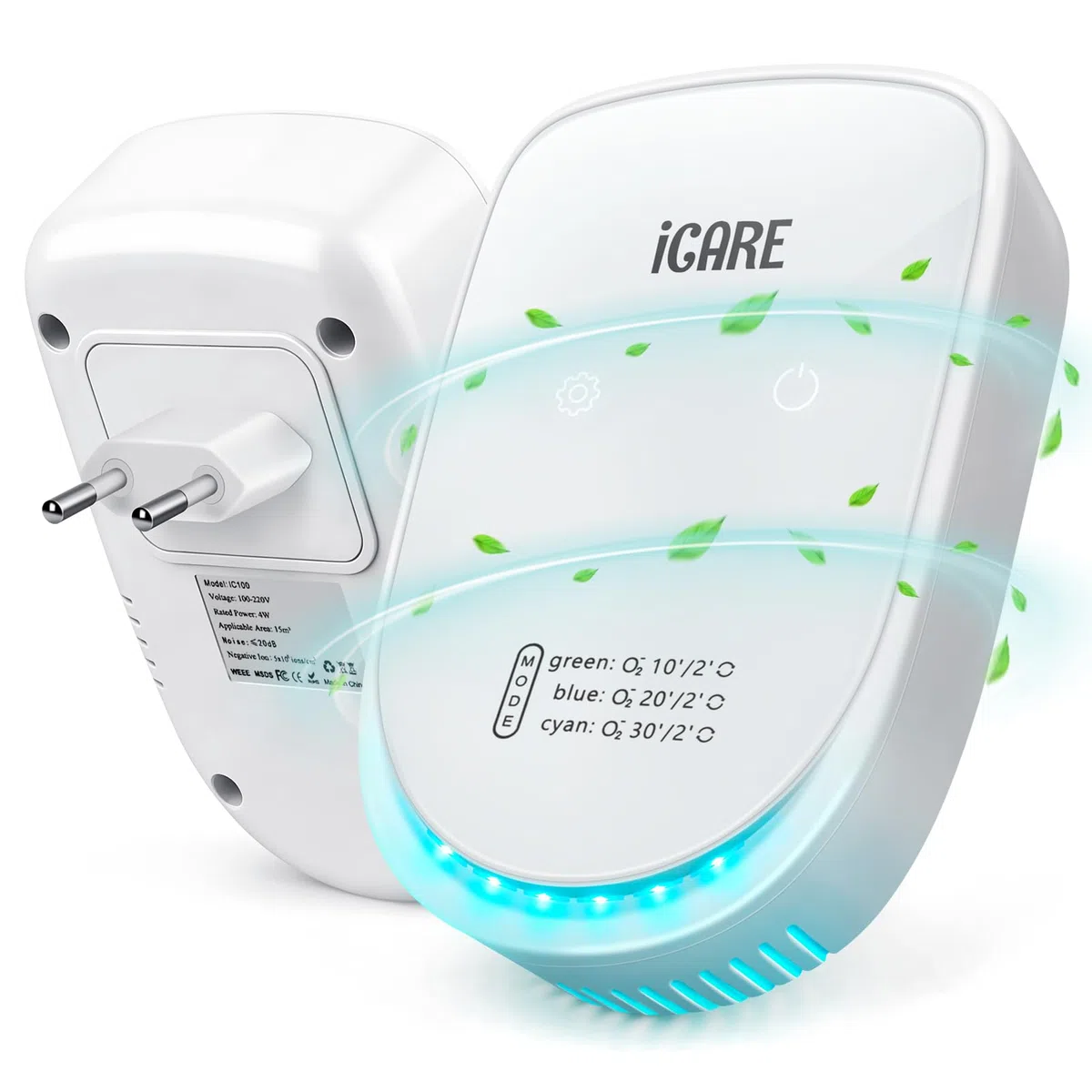 Luftreiniger mit Ionisator, Air Purifier IonizerGenerator mit 3 Farblicht Modi, Ultras Leiser Plug & Play Negativ Ionen Luftreiniger für Büro, Zimmer, Badezimmer, Rauch, Haustiere, Ozonfrei