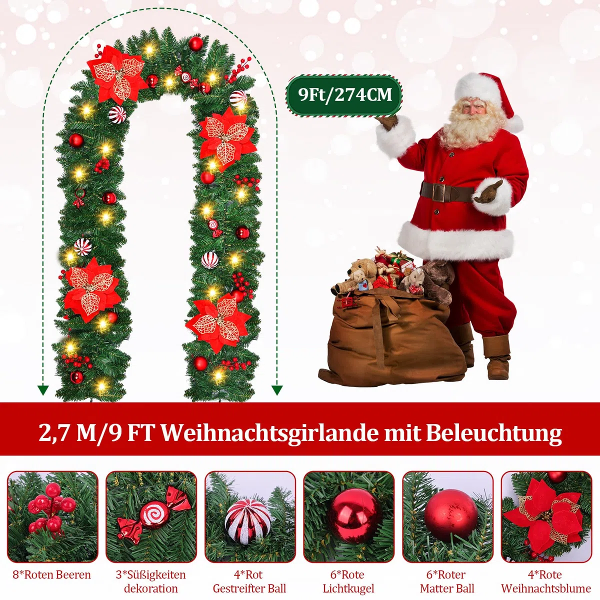 270cm Weihnachtsgirlande, Weihnachtsdeko Girlande mit Beleuchtung, 30 LED Weihnachtsdeko Girlande, Künstlicher Weihnachtsgirlande, Kamin & draußen, Weihnachtsdekoration