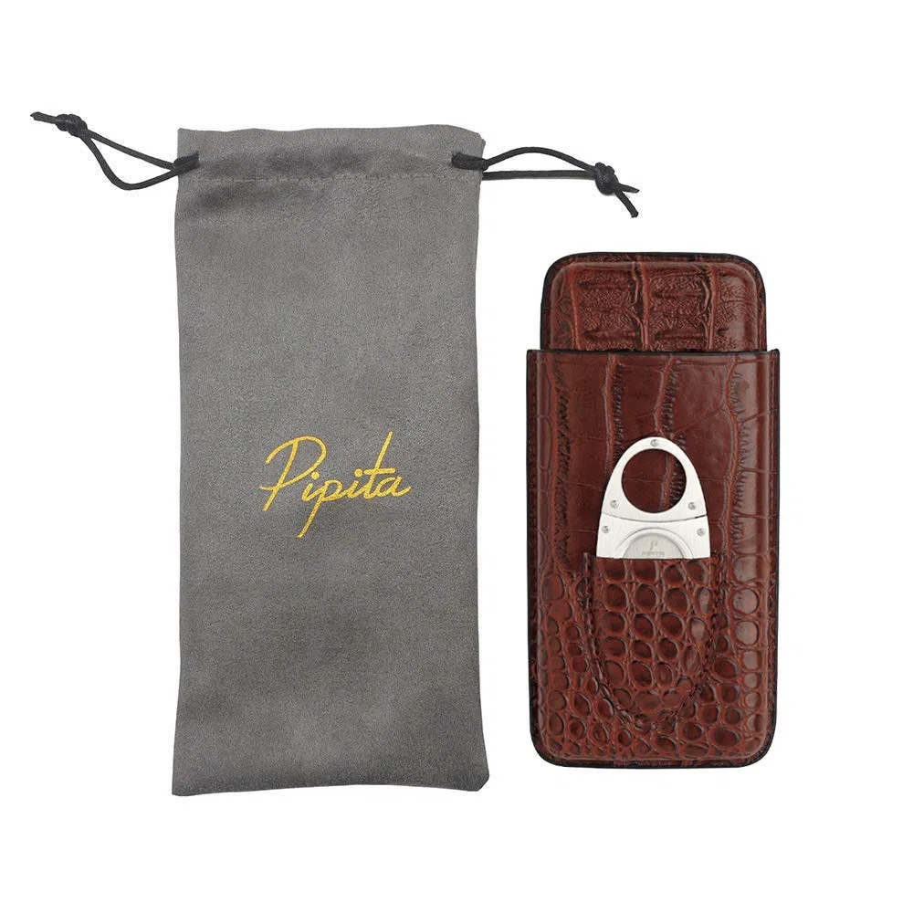 PIPITA Zigarrenetui aus Leder, 3 Tubes Zigarren Humidore aus Krokodile Getreide Leder Zigarrenschneider aus Edelstahl inkl.Tragbare Reise-Zigarrentasche Zigarren Etui (Braun für 3 Zigarren)
