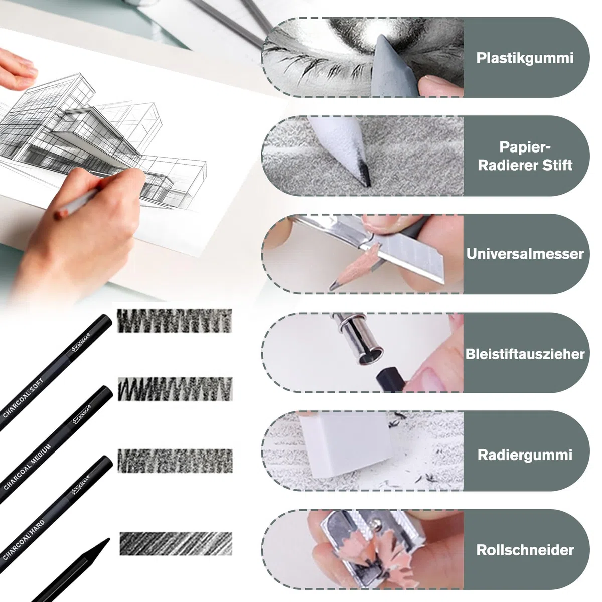 39-teiliges Zeichenset Skizzenstifte Set, Zeichenstifte Künstlerbedarf mit Skizzenbuch Graphitstiften Pastellkreiden, Kohlestiften, Professionelles Zeichenset für Erwachsene, Künstler und Anfänger