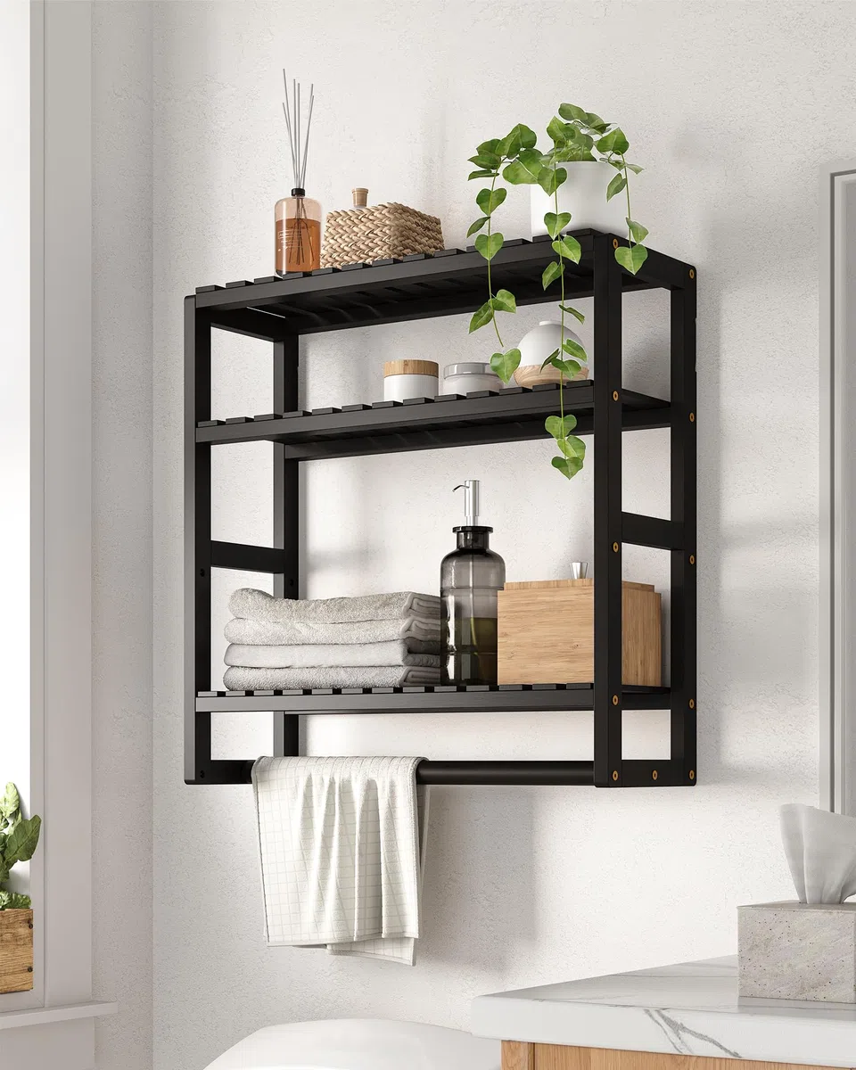 Bamworld Badezimmer Regal Bambus Regal 3-etagiges verstellbares Badregal über der Toilette mit Handtuchstange, platzsparendes WC-Regal, Badezimmermöbel, Bathroom Shelf Schwarz