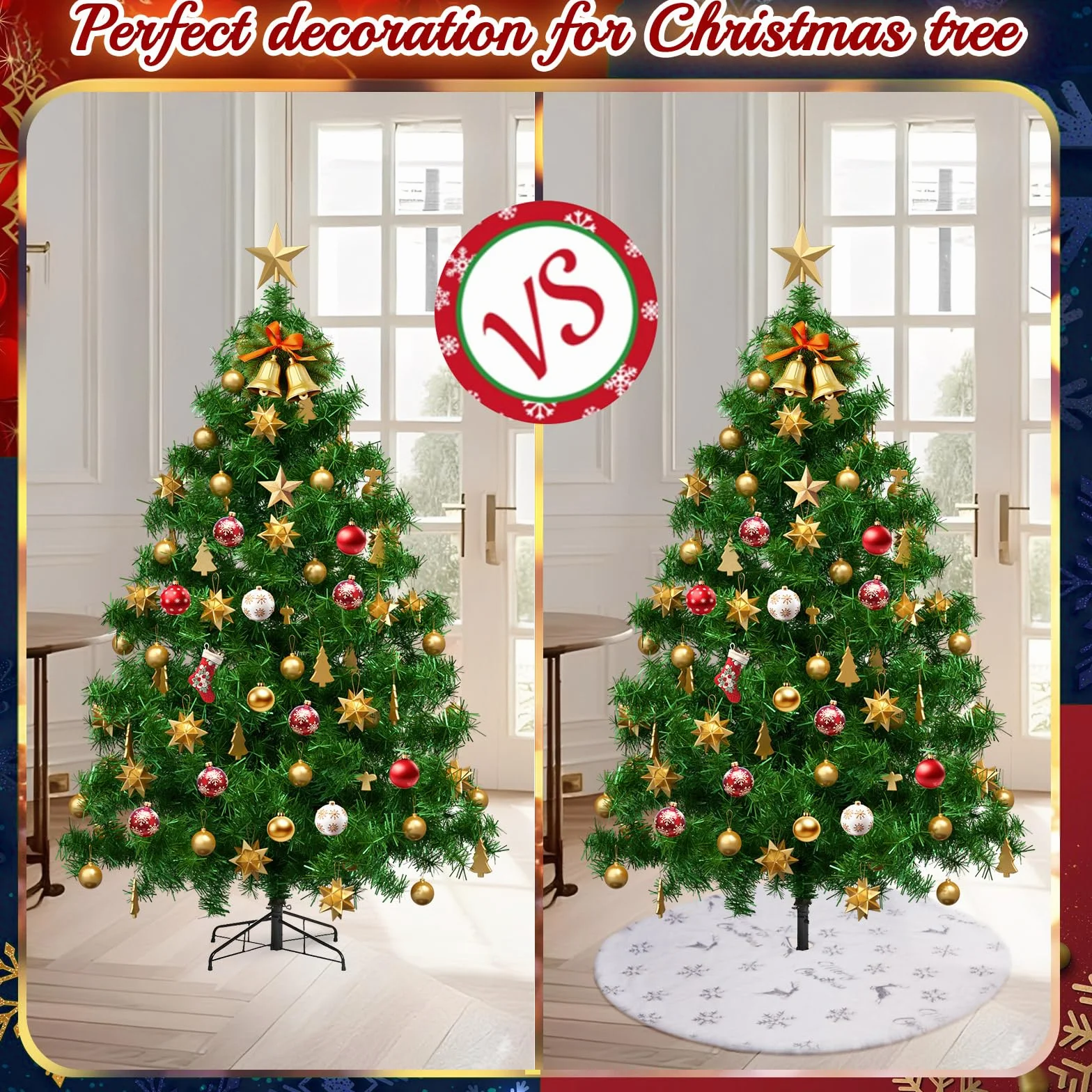 Weihnachtsbaumdecke Rund, 115cm Weihnachtsbaumrock mit Silber Elch Schneeflocke Pailletten, Weihnachtsbaum Teppich Weiß Christbaumdecke Rund, Christbaumständer Decke für Weihnachtsdeko (Silber)