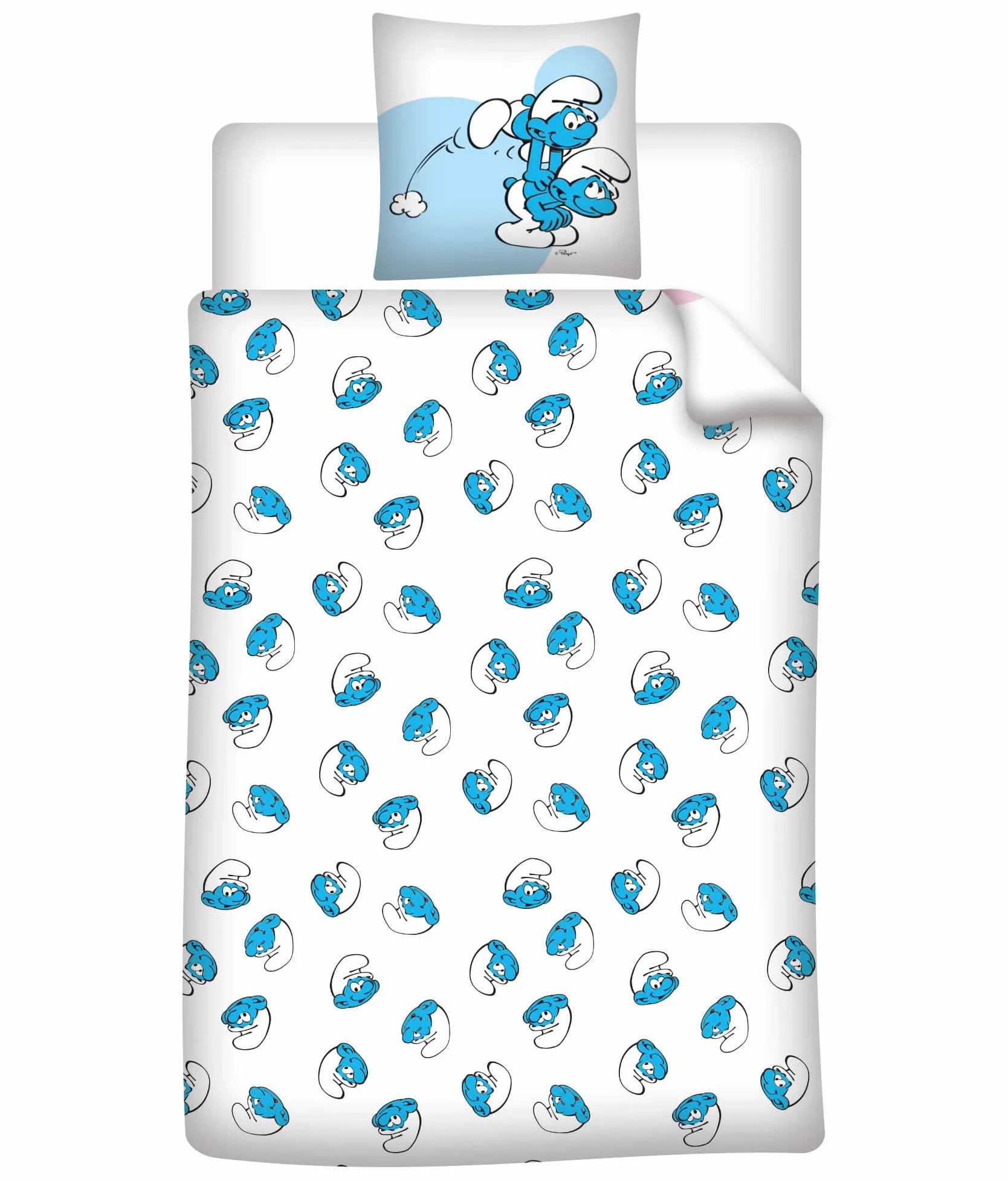 Schlümpfe Weiß Kinderbettwäsche 140x200 + Kissenbezug 65x65 Baumwoll-Misch | Wendebettwäsche Einzelbett | Baumwoll-Mischgewebe schnelltrocknend Oeko-Tex | Peyo Lizenz | Geschenk | Maschinenwaschbar