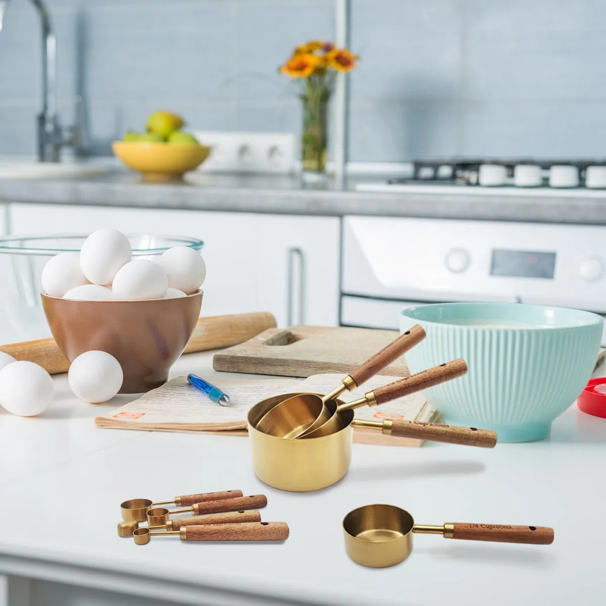 Messbecher und MesslöFfel, Premium Edelstahl,8 Stück, Holzgriff, Mit Metrischen und US MaßEn, Trockener & FlüSsiger Messbecher