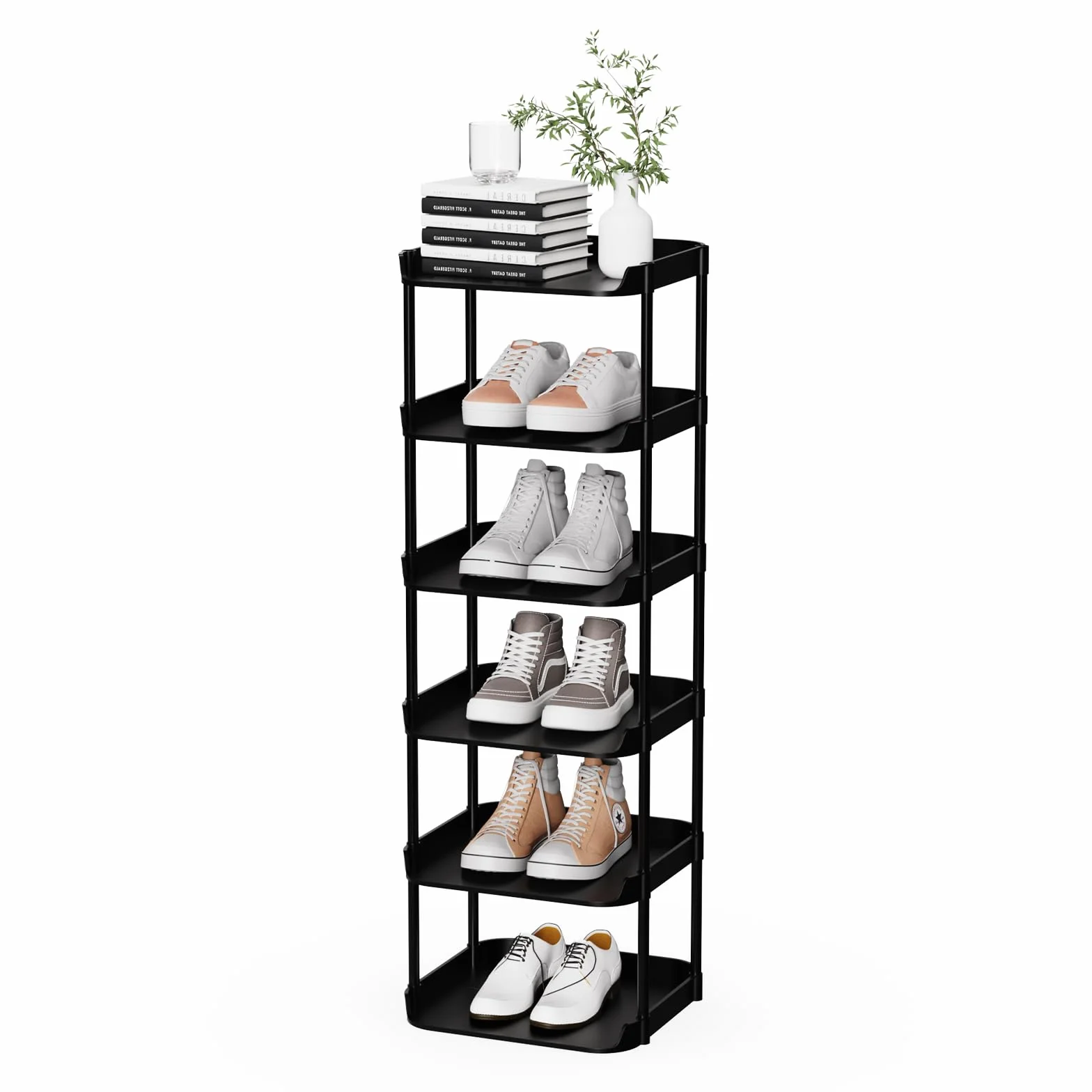 6 Ebenen Schmal Schuhregal, Mehrschichtiges Hoch Schuhregale Platzsparend, Stapelbar Klein Standregal, Vertikales Plastik Regal, Shoe Rack für Treppe, Flur, Küche, Schlafzimmer, Schwarz