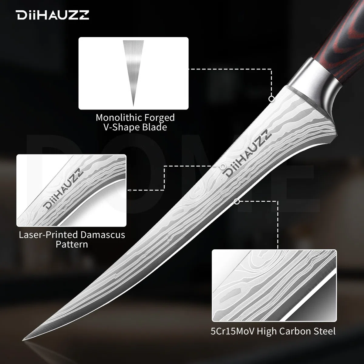 DiiHAUZZ 18 cm Filetiermesser, Profi Ausbeinmesser aus hochwertigem 5Cr15MoV Hochkohlenstoff-Edelstahl, Scharfes Fischmesser mit Ergonomischem Pakkaholzgriff, Fischfiletiermesser für Hobbyköche&Profis